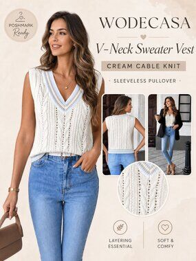 V Neck Colorblock Knit Sweater Vest Beige S